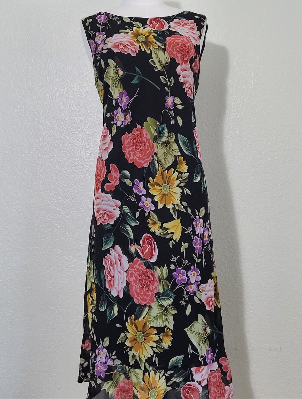 Vintage A Wild Thyme Floral Retro Vibrant Black Dress Pink & Yellow Blooms Sz 14